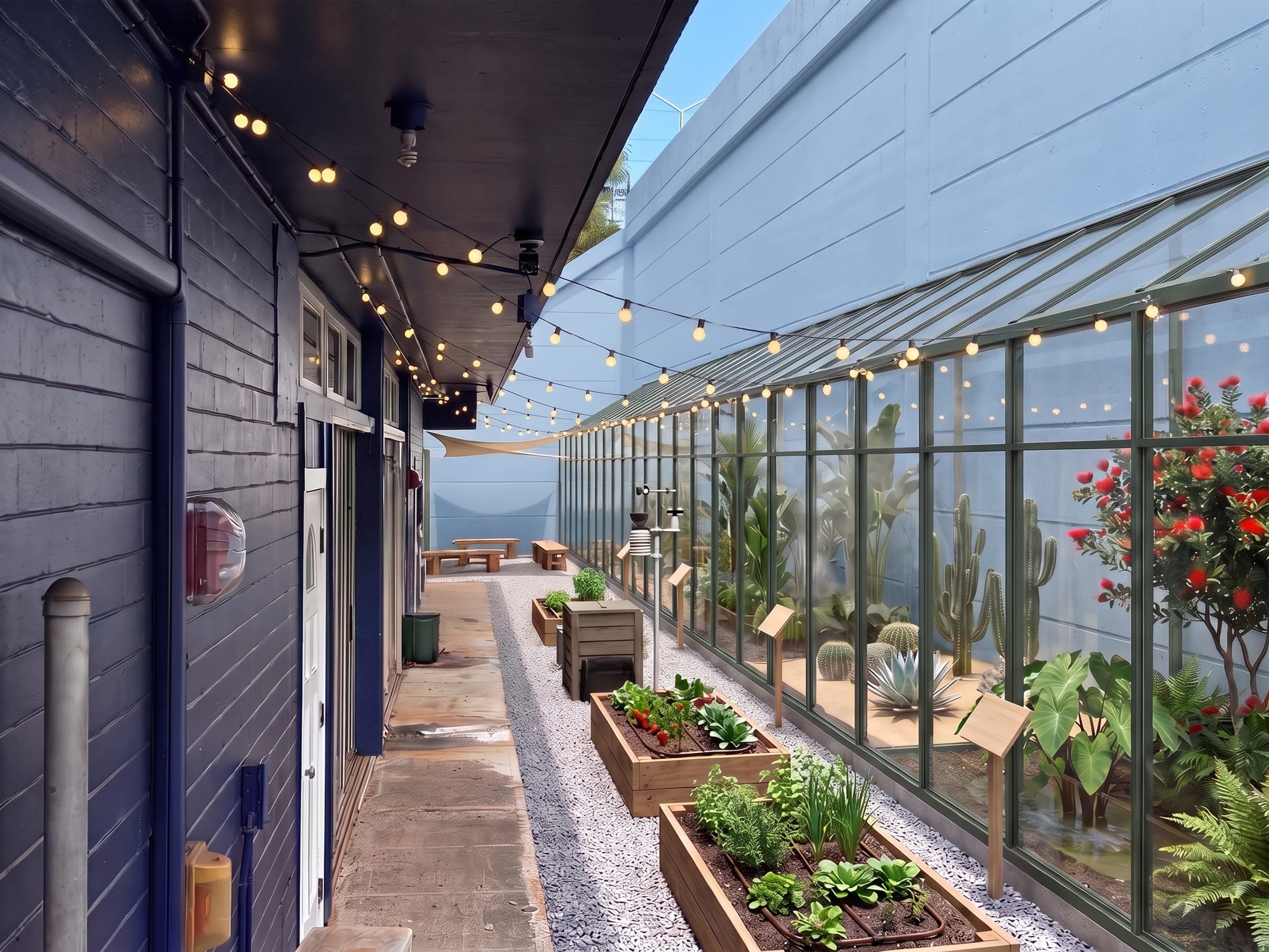 AI rendering of the same alley with string lights under the eave, the retaining wall painted blue and a glass greenhouse built against it, divided into rooms of Hawaiian native plants, desert cacti and rainforest, with raised vegetable beds, a weather station and benches under a shade sail at the far end.