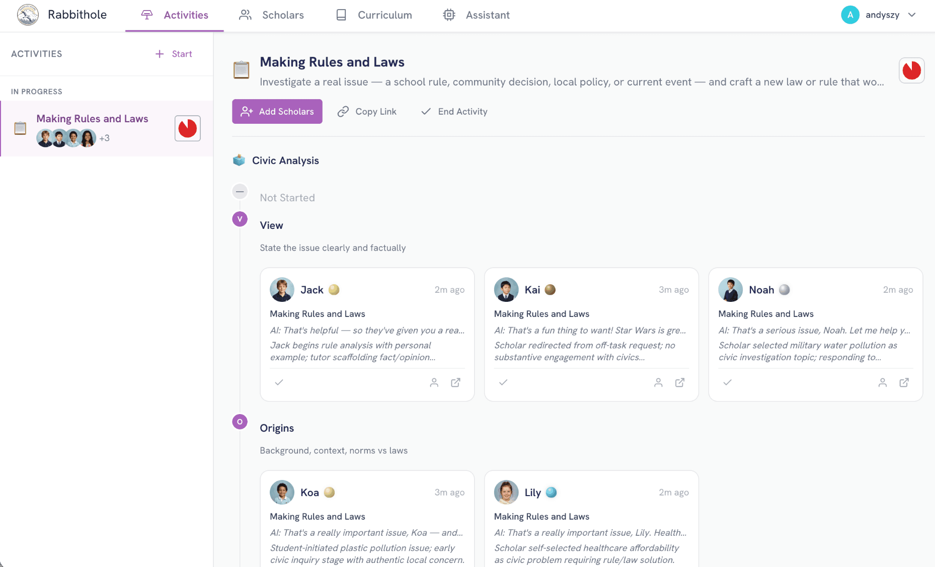 Rabbithole teacher dashboard