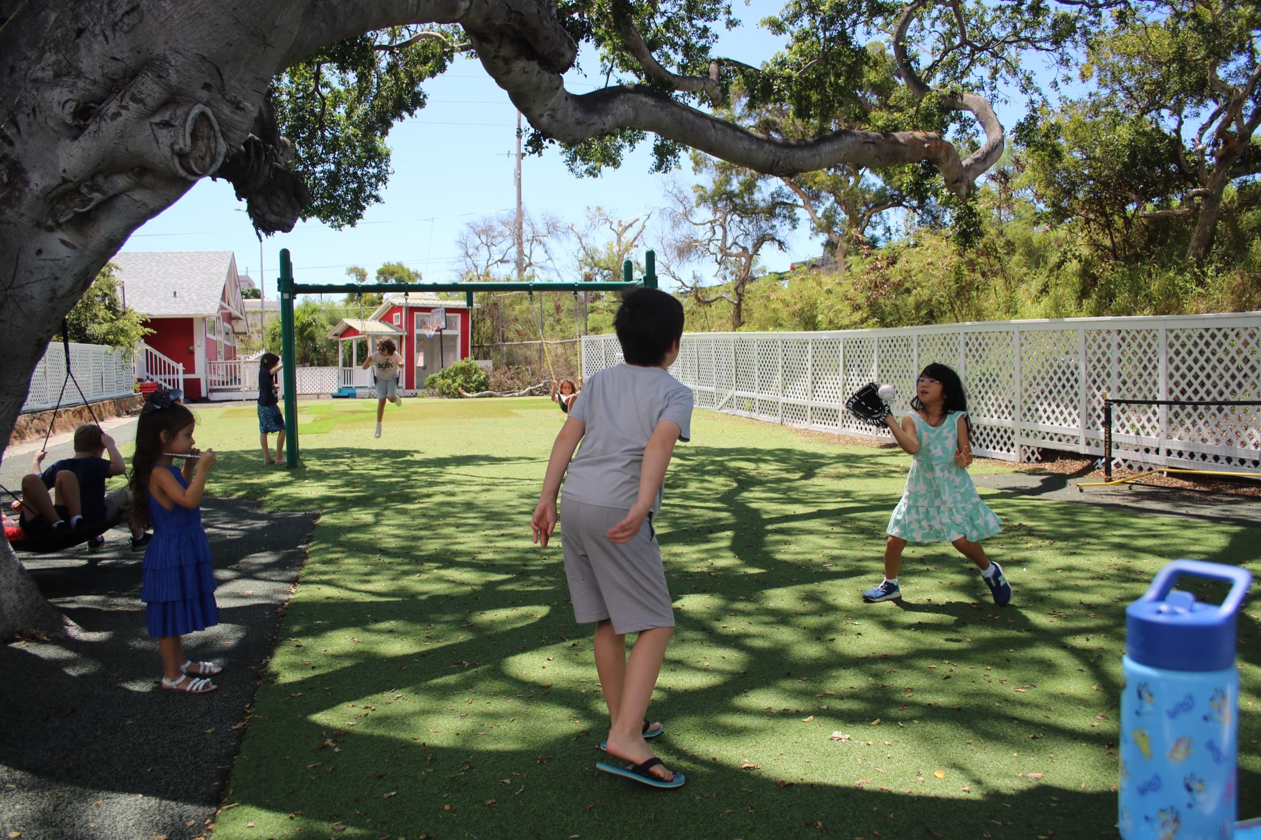 The yard under a spreading monkeypod: children at recess on the grass, a swing set, and the red schoolhouse standing behind the fence at the back of the lot.