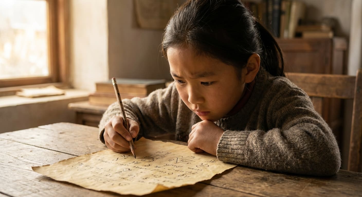 A child working intently on ciphers and codes