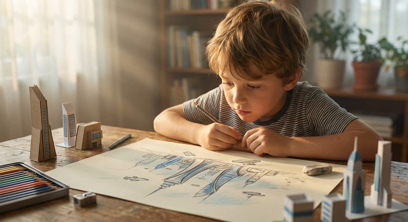 Student sketching futuristic city designs