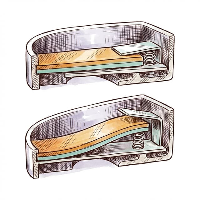 Textbook sketch of a bimetallic strip mechanism
