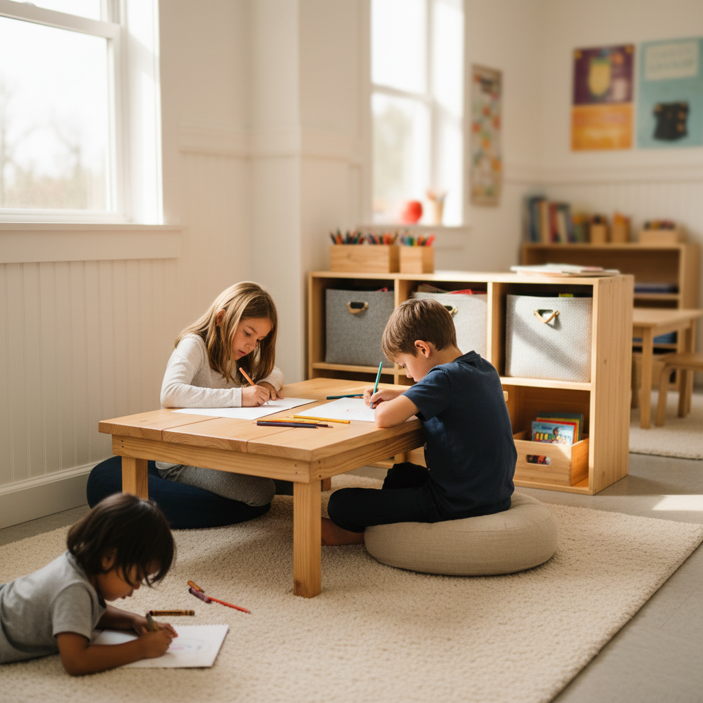 Students working on floor with flexible learning space